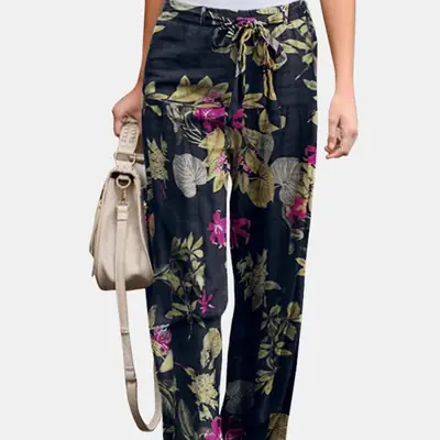 Women Printed Casual Pants Black White Linen Elastic Waist