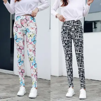 Women Abstract Print Stretch Leggings Blue White Large