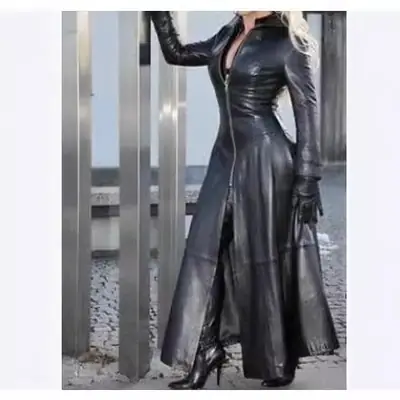 Super Long Pu Solid Blue Slim Fit Zipper Collar Plus Size Women's Evening Gown