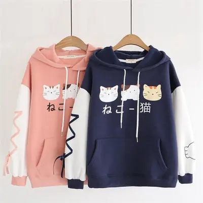 Winter New Cute Cat Print Hooded Fleece Sweater for Women