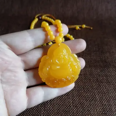 Yellow Beeswax Maitreya Pendant for Men Women Woolen Chain Necklace