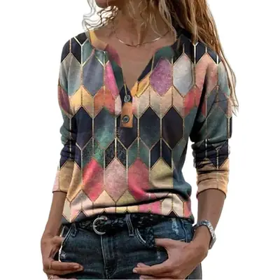Women's V Neck Printed Long Sleeve Top Autumn 2024
