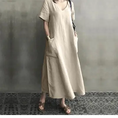 2020 V-Neck Cotton Linen Dress for Women Large Swing