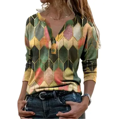 2024 V Neck Digital Printed Long Sleeve T-Shirt Women