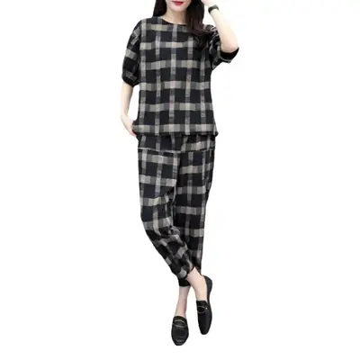 Women Plaid 2-Piece Summer Pants Set Plus Size
