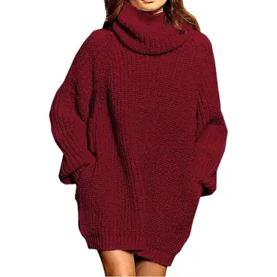Women Long Sleeve Turtleneck Sweater Grey Knitted Mid Length