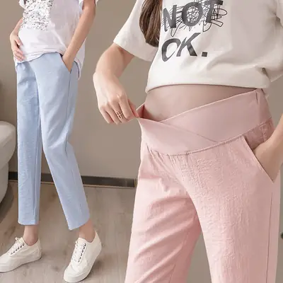 2022 Pregnant Women Pants Light Blue Low Waist Cotton Linen
