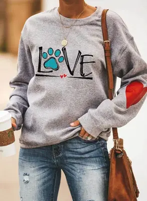 Love Paw Print Grey Sweatshirt with Red Sleeve Design