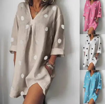 Beige Polka Dot Linen V-Neck 9/4 Sleeve Dress