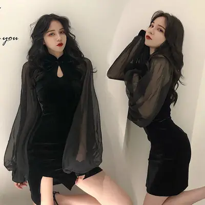 Black Velvet Slimming Cheongsam with Split Skirt & Lantern Sleeve