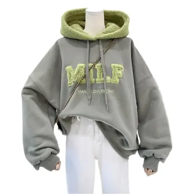 Women's Letter Stitched Hoodie Sweatshirt Grey Wool Fleece Winter 2020