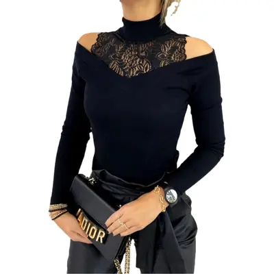 White Lace Off-Shoulder Long Sleeve Top with Embroidered Neckline