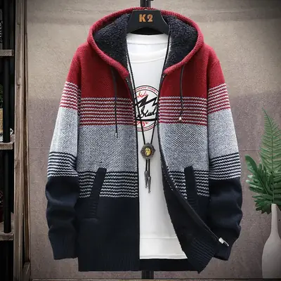 Men's Red Grey Hooded Jacket Large