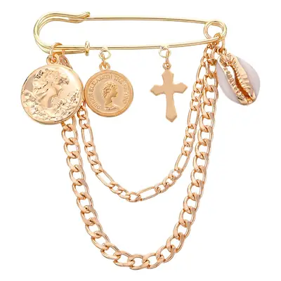 Golden Queen's Head Embossed Brooch with Shell Chain & Earrings