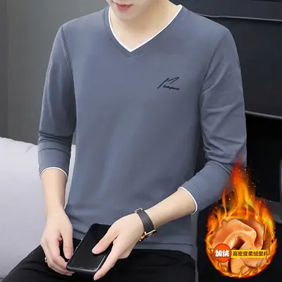 Men V-Neck Grey Long Sleeve Winter T-Shirt