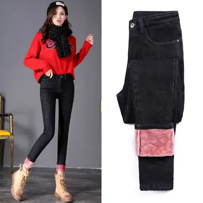 2021 Winter Fleece Warm Jeans Women High Waist Slim Fit