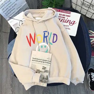Women Fleece Hoodie World Smile Print Beige