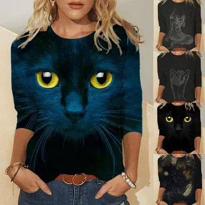 2020 Printed Cat Eye Long Sleeve T-Shirt Women