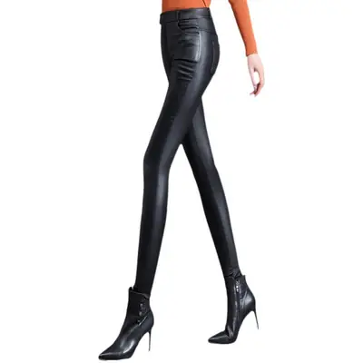 Women Matte Leather Slimming Black High Waist Pants