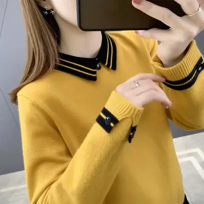 Women Grey Knit Collar Sweater 2026 Winter