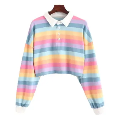 Women Rainbow Striped Polo Collar T-Shirt 2024 Spring Autumn Casual Short Jacket