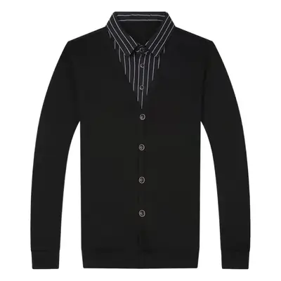 Men's Black V-Neck Faux Two-Piece Long Sleeve Shirt