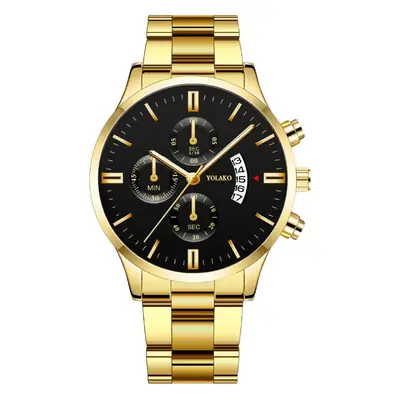 Men's Gold 3-Eye Calendar Watch with Steel Band