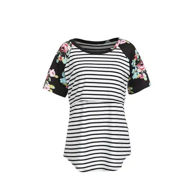 Women Striped Floral Sleeve Nursing Top