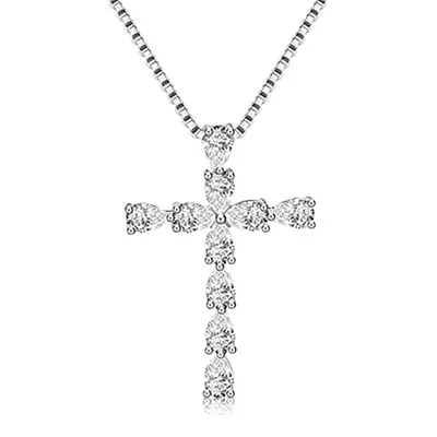 Silver Korean Cross Pendant Necklace with Pear Shaped Diamonds
