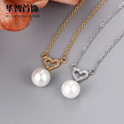 Heart Shaped Pearl Pendant Necklace Set Gold Silver