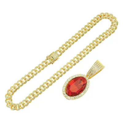 Men's Ruby Oval Pendant Cuban Chain Necklace