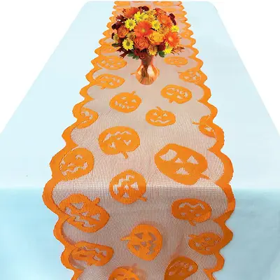Halloween Hot Orange Pumpkin Pattern Warp Knitted Lace Long Coffee Table Table Runner Spot Wholesale