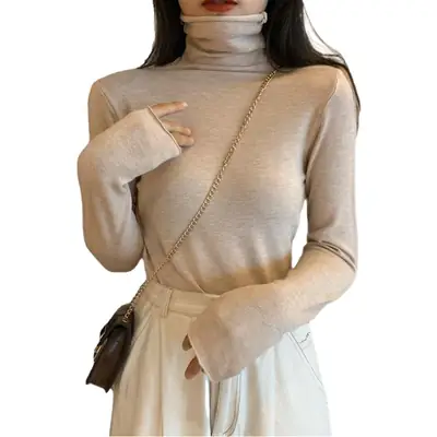 Women Pile Turtleneck Knitwear Blue Long Sleeve
