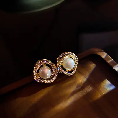Silver Pearl Double Circle Sparkling Diamond Earrings for Women