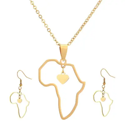 Stainless Steel Africa Map Hip Hop Pendant Necklace Set