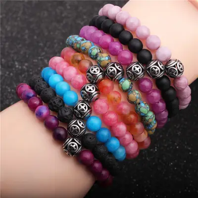 Pink Beaded Stone Cross Bracelet for Men