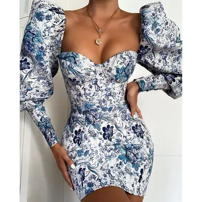 Printed Bubble Sleeve Wrap Dress Blue White