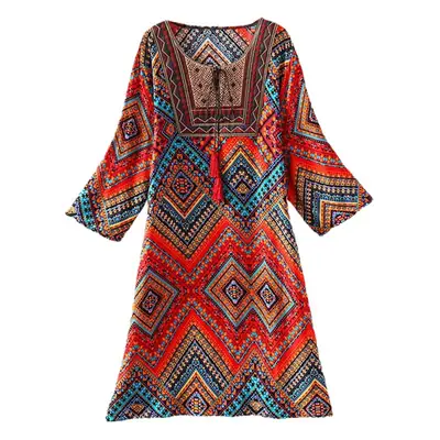 Women's Red Printed Cotton Silk A-Line Dress