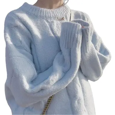 Soft Milk Blue Knit Women's Lazy Pullover Autumn Winter