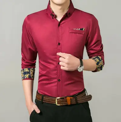 Men Light Blue Slim Fit Long Sleeve Shirt with Embroidered Sleeves
