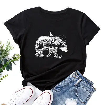 Women Cotton Polar Bear Graphic T-Shirt Navy Blue