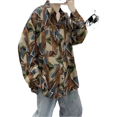Men Korean Style Long Sleeve Shirt Patterned Loose Casual