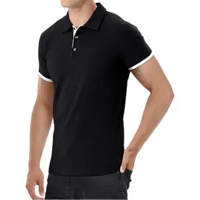 Men's Black Polo Shirt Short Sleeve Lapel Business Golf Wear