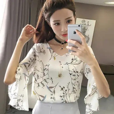 Women Floral Trumpet Sleeve Chiffon Shirt 2025 Summer