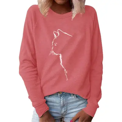 Women's Blue Cat Print Sweatshirt Long Sleeve Round Neck