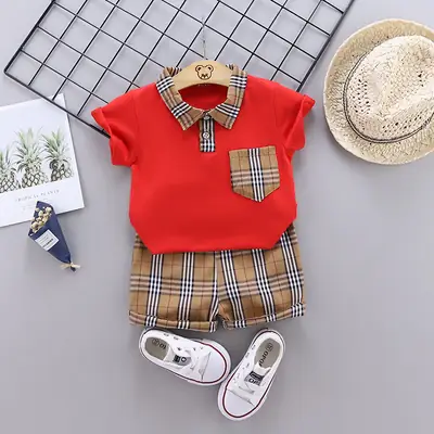Red Polo Shirt with Plaid Skirt for Girls Summer 2-Piece Set
