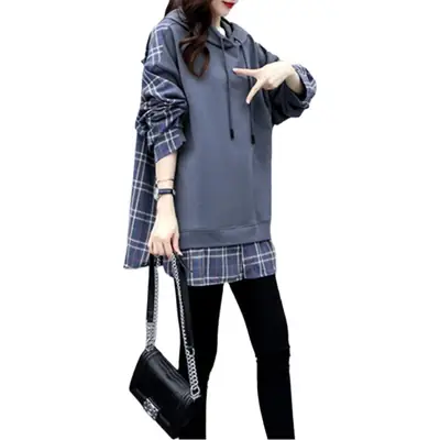 Fake Korean Hooded Hoodie Set Grey Plaid Loose Fit Women