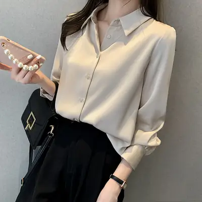 Women's Long Sleeve Shirt Beige Black Pants 2021 Spring