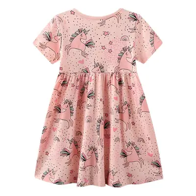 Pink Printed Short Sleeve Kids Dress for Summer