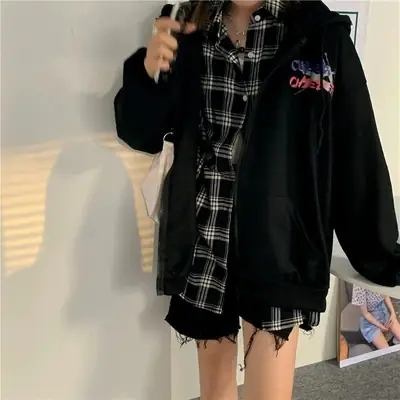 Women Korean Style Hooded Zipper Coat Black Plaid